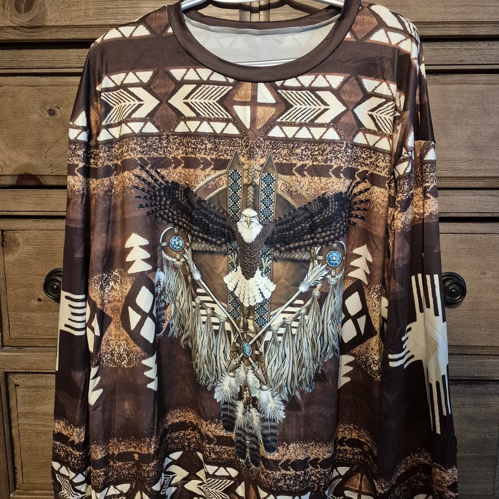 Brown Long Sleeve Top with Native Design